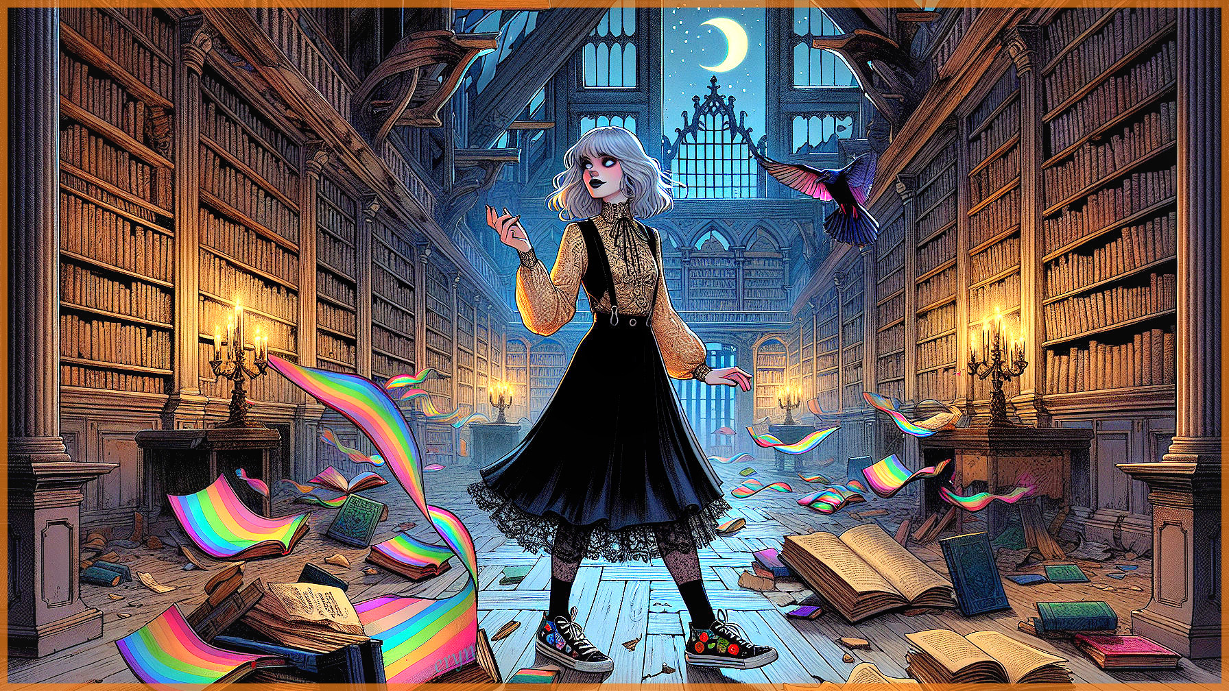 Magical Library with Silver-Haired Girl and Swirling Pages