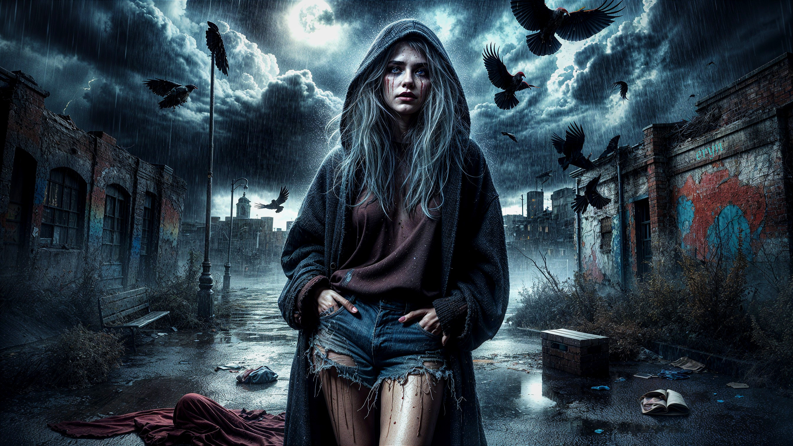 Young Woman in Tattered Shorts in Urban Decay Scene
