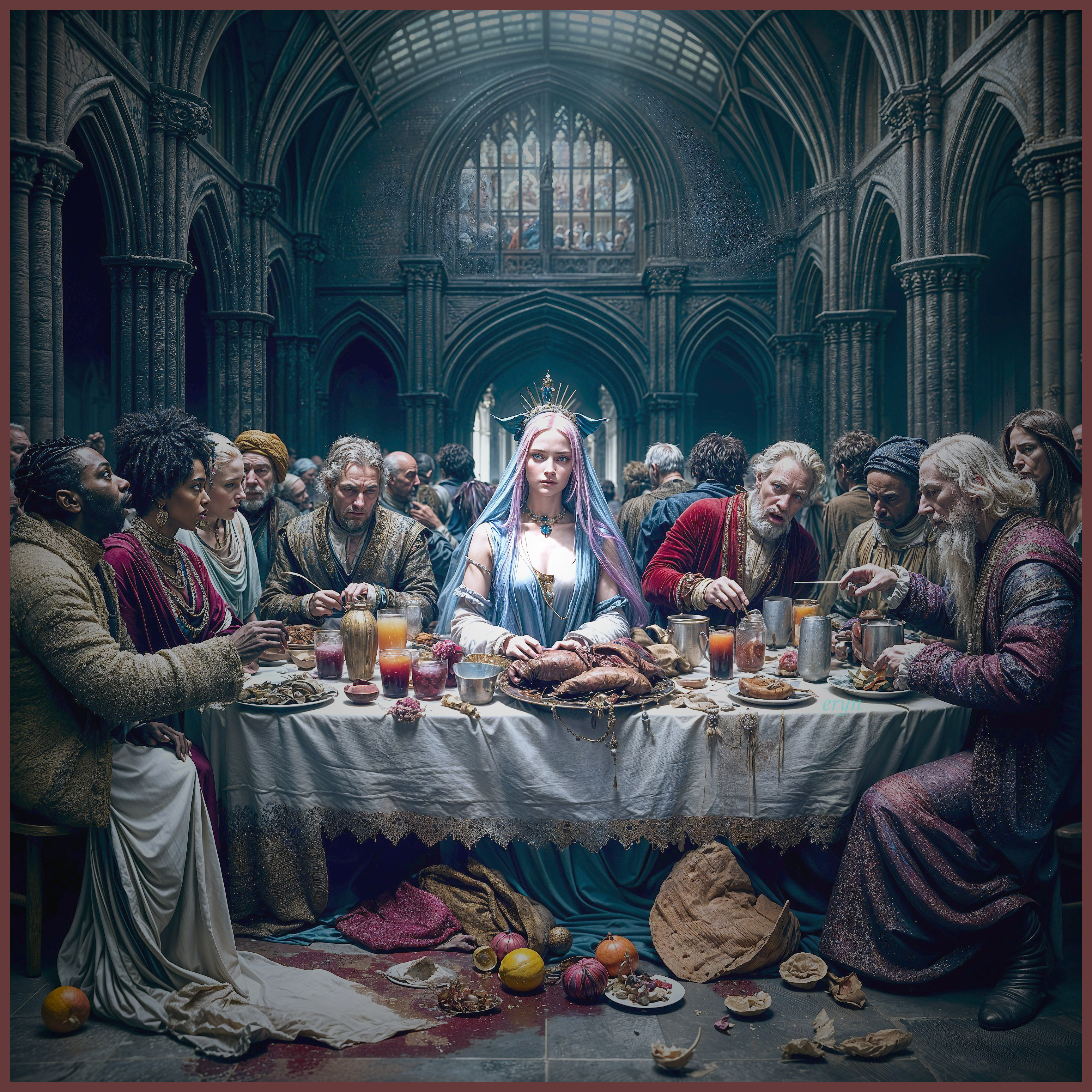 Medieval Banquet in a Grand Hall with Diverse Figures