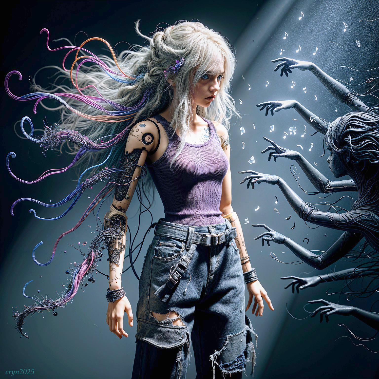 Futuristic android figure with vibrant hair and mechanical arms
