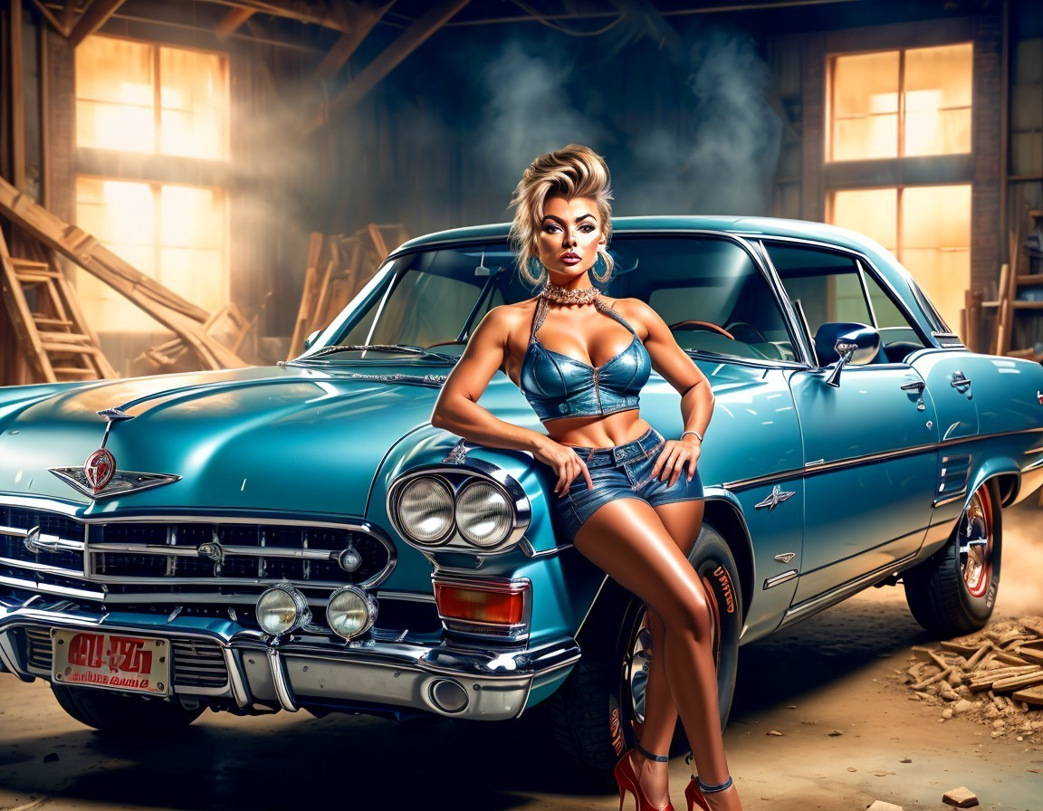 Blonde Woman in Denim Next to Classic Turquoise Car