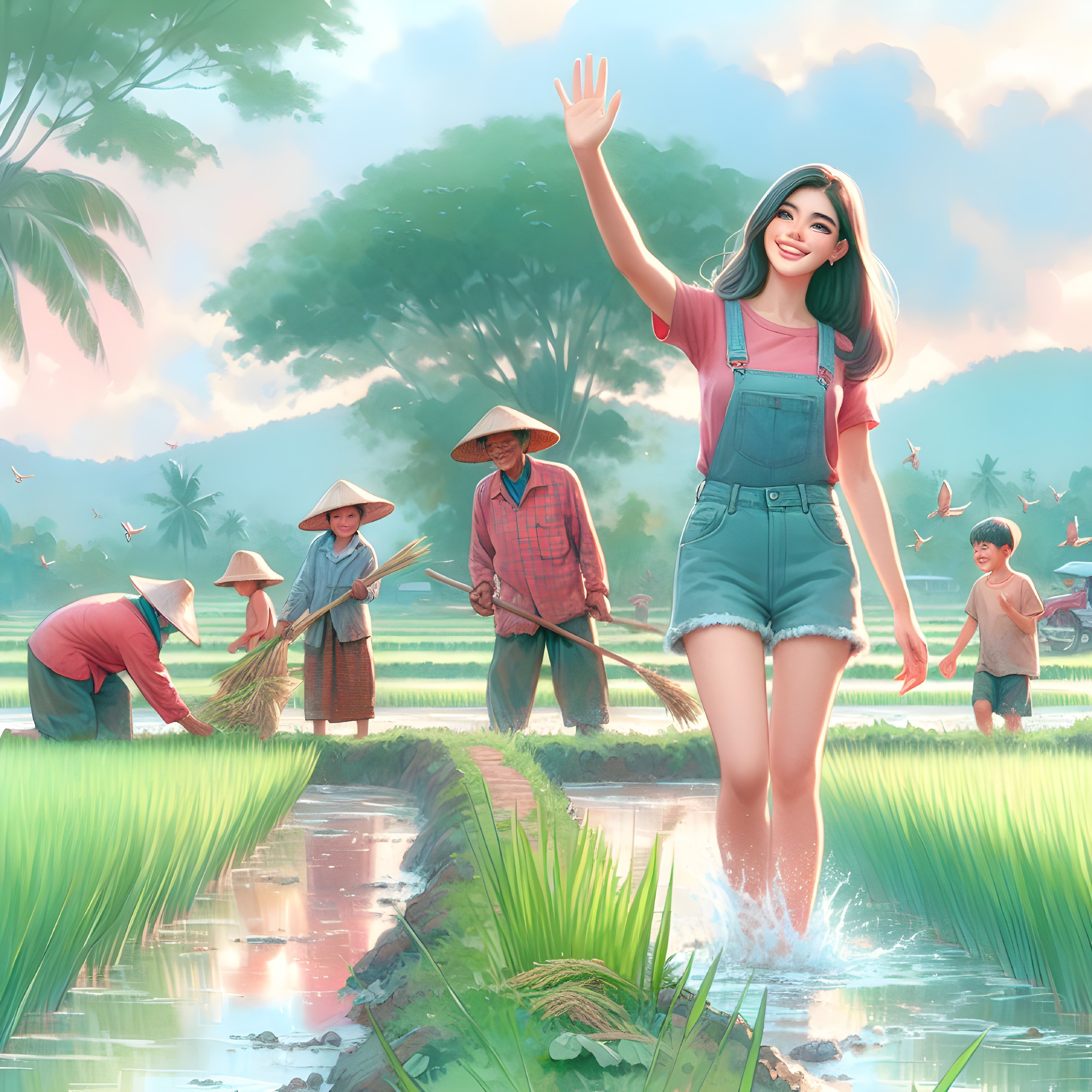 Serene Rice Field with Farmers and Lush Greenery