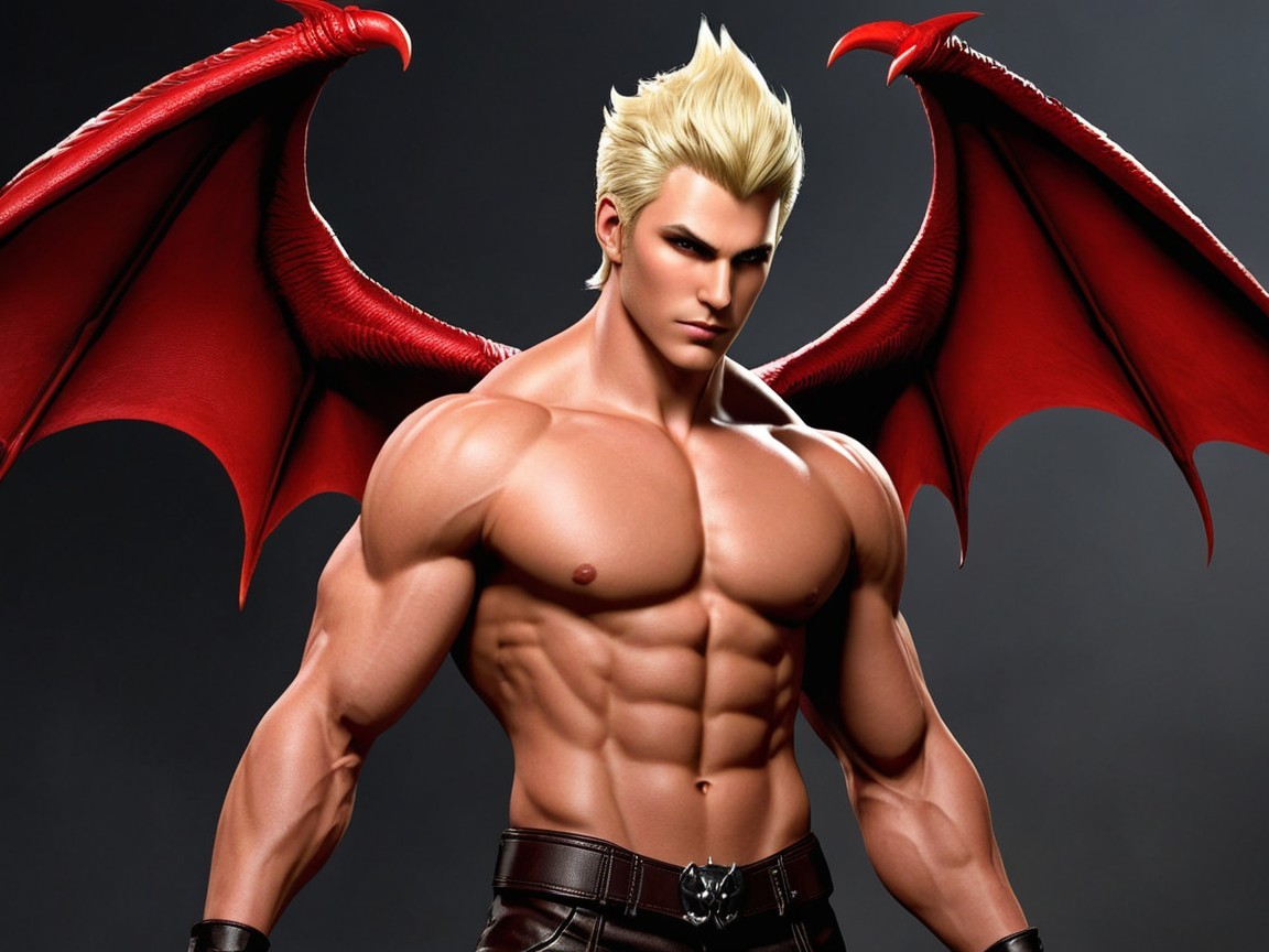 Muscular Humanoid Character with Red Wings and Abs