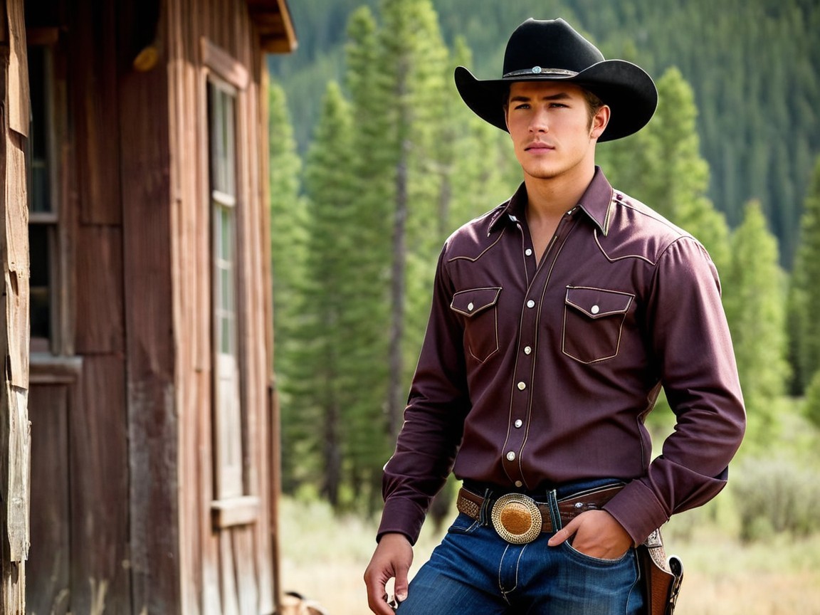 Young man in cowboy attire by rustic cabin and pines