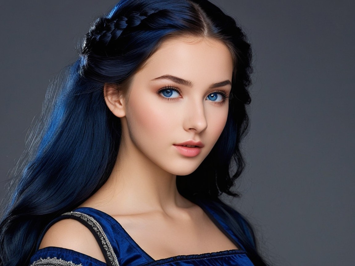 Young woman with blue hair and elegant dark outfit