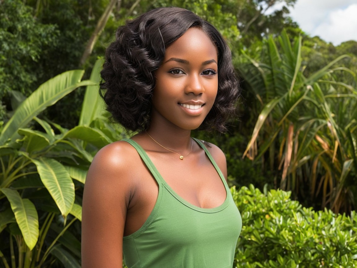 Young Woman with Curls in Tropical Greenery