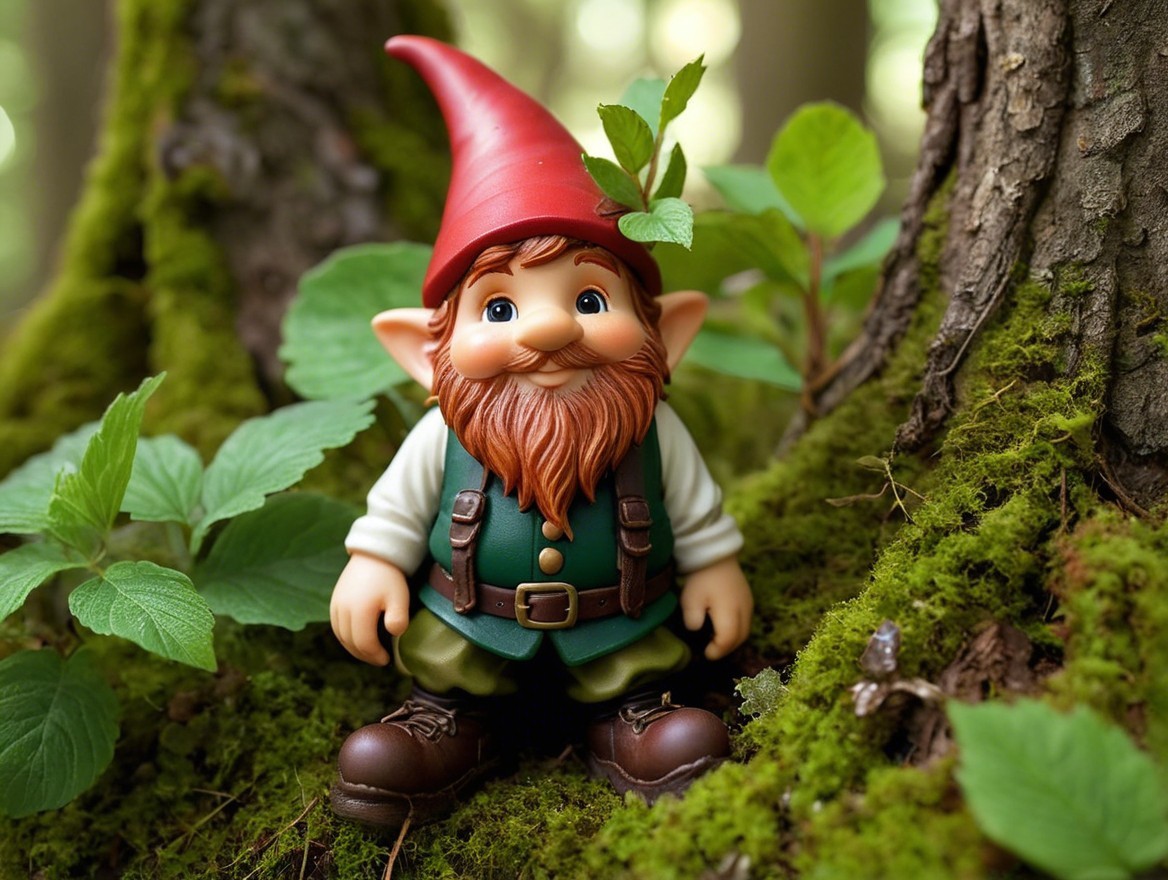 Cheerful gnome figure in a lush forest setting