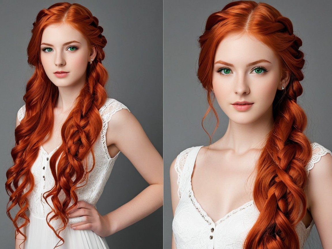 Young woman with long red hair in a white dress