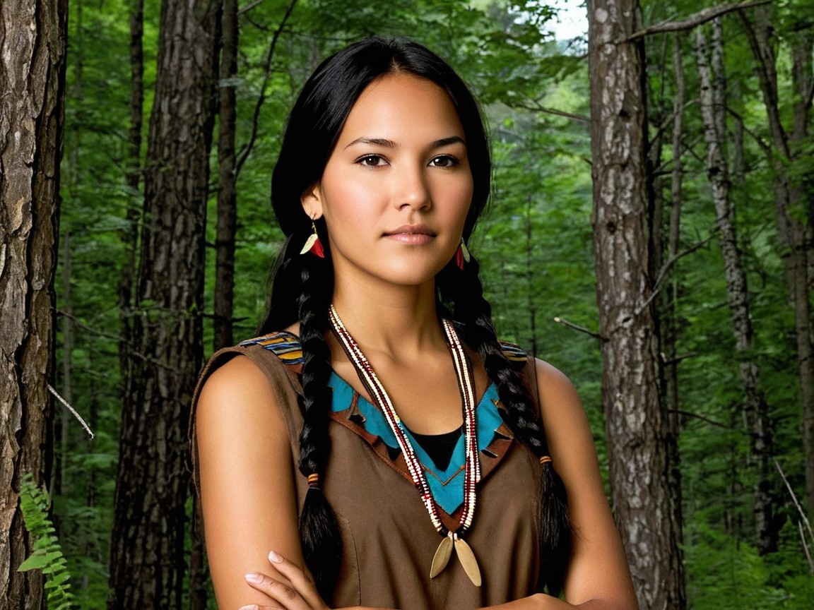 Young Woman in Traditional Attire in Lush Forest