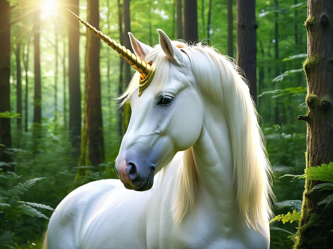 Unicorn in a Lush Green Forest with Golden Light