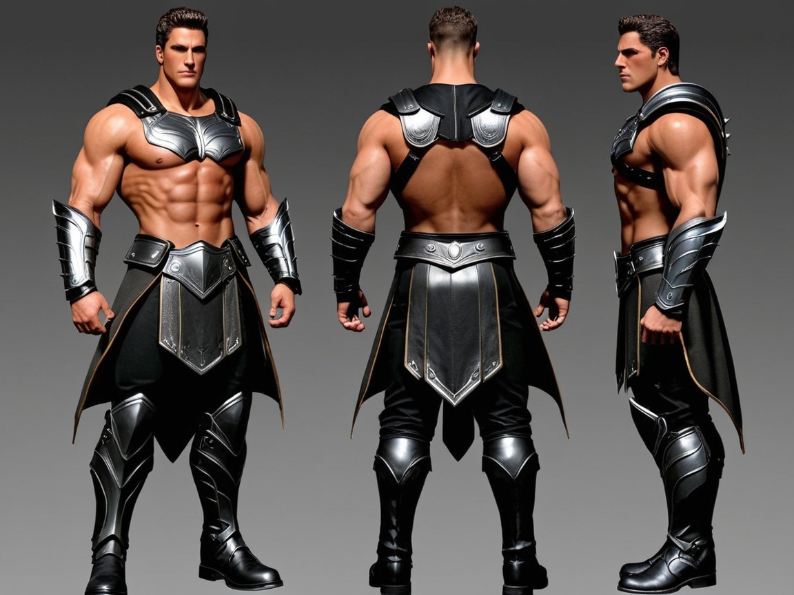 Muscular Warrior in Intricate Metallic Armor Design