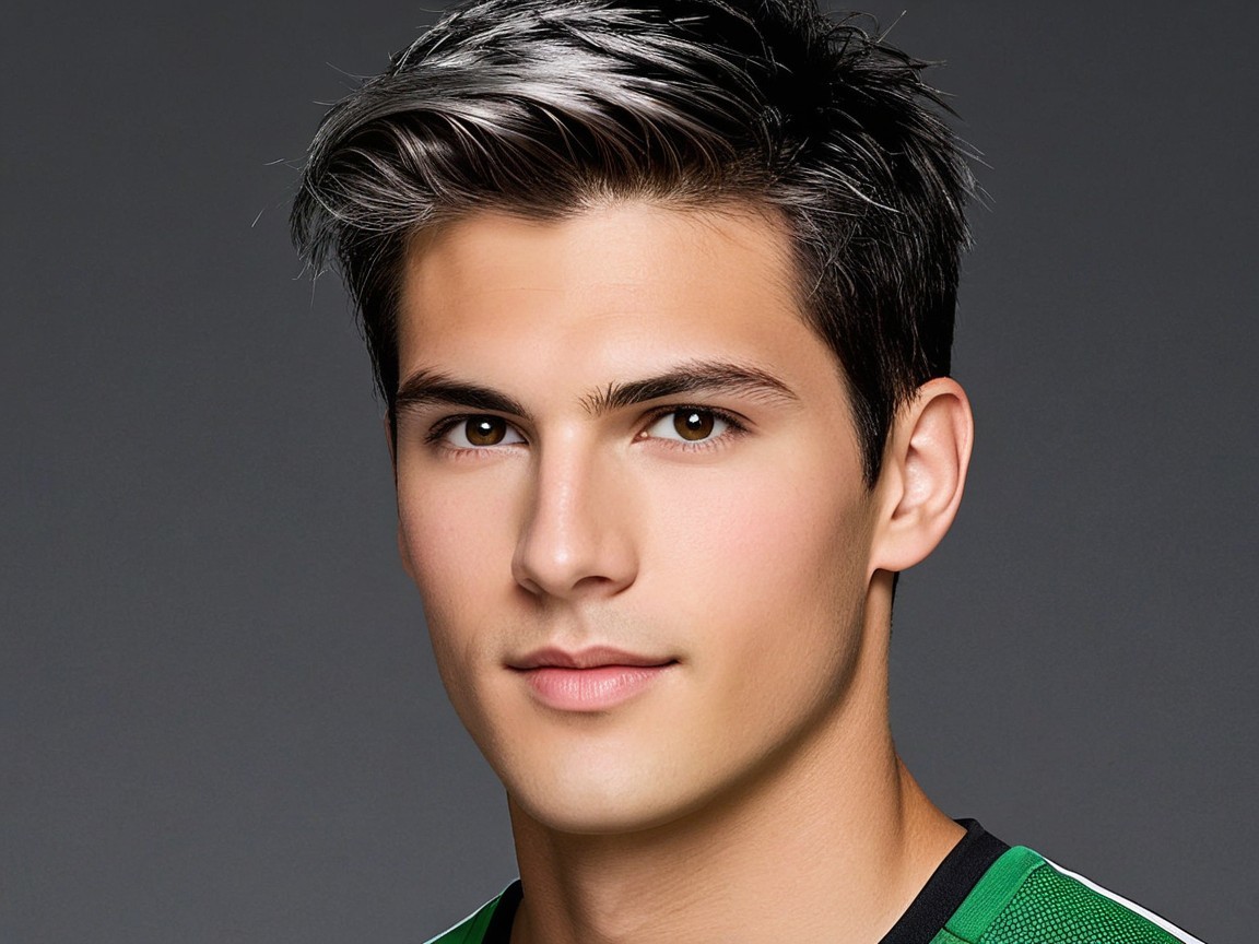 Young man with grey hair in green sports jersey