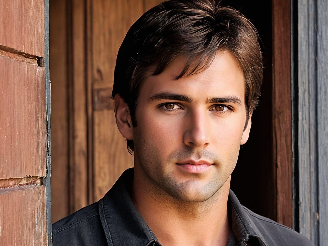Young man in doorway with confident gaze and rustic background