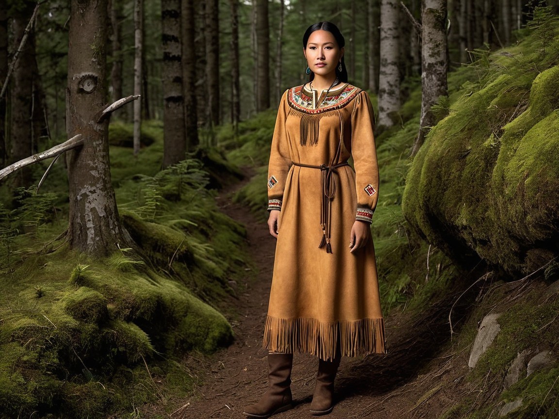 Young Woman in Traditional Dress in Green Forest