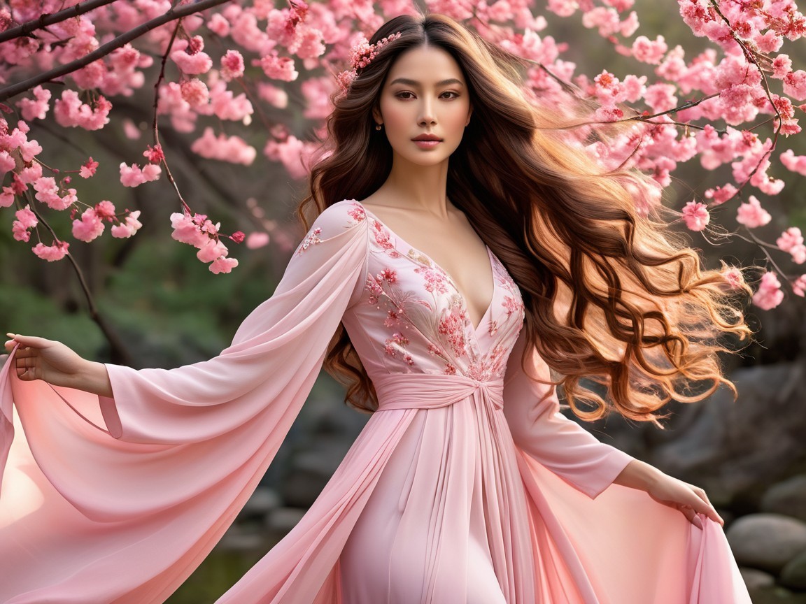 Woman in pink gown among blooming cherry blossoms