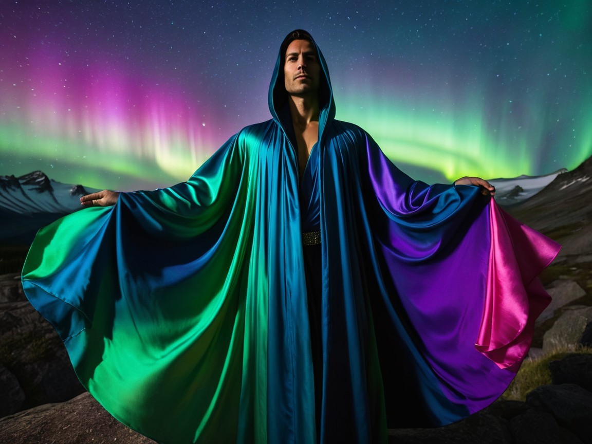 Majestic figure in vibrant robe under Northern Lights