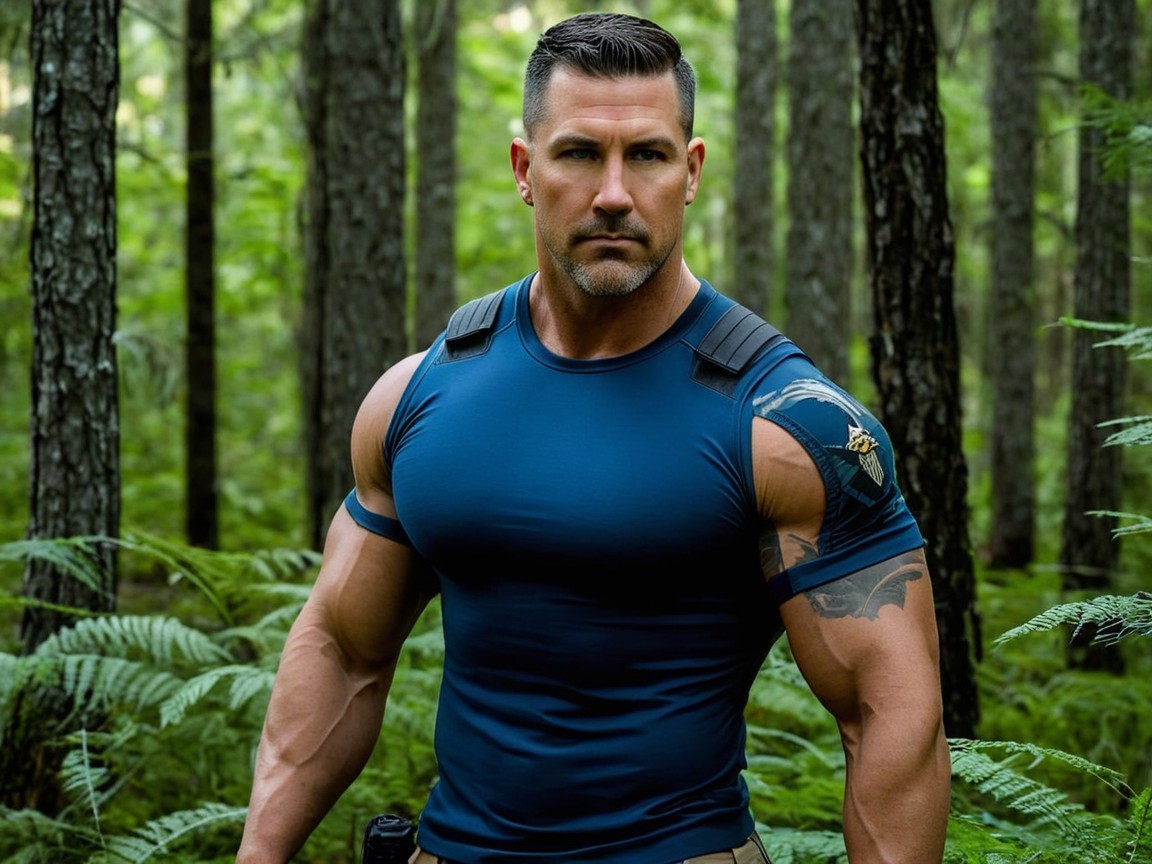 Muscular Man in Forest with Vibrant Green Ferns