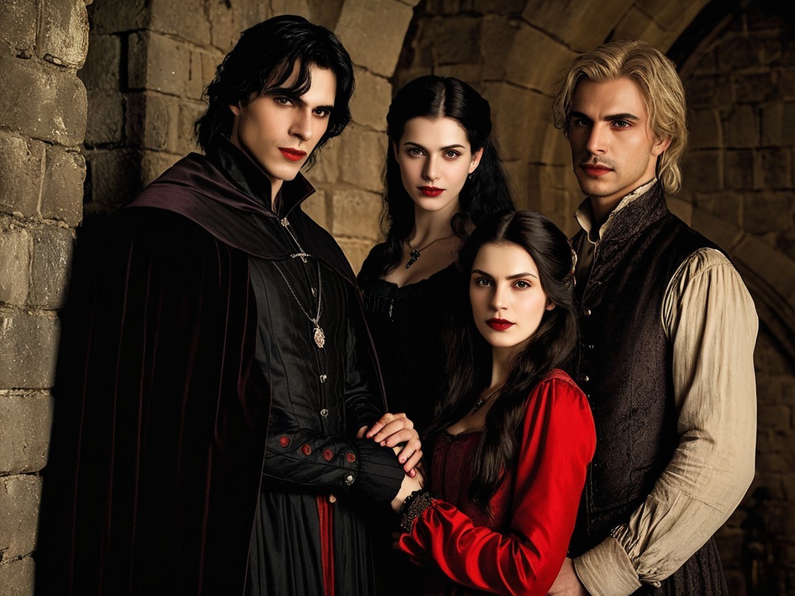 Elegantly Dressed Figures Against Medieval Castle Backdrop
