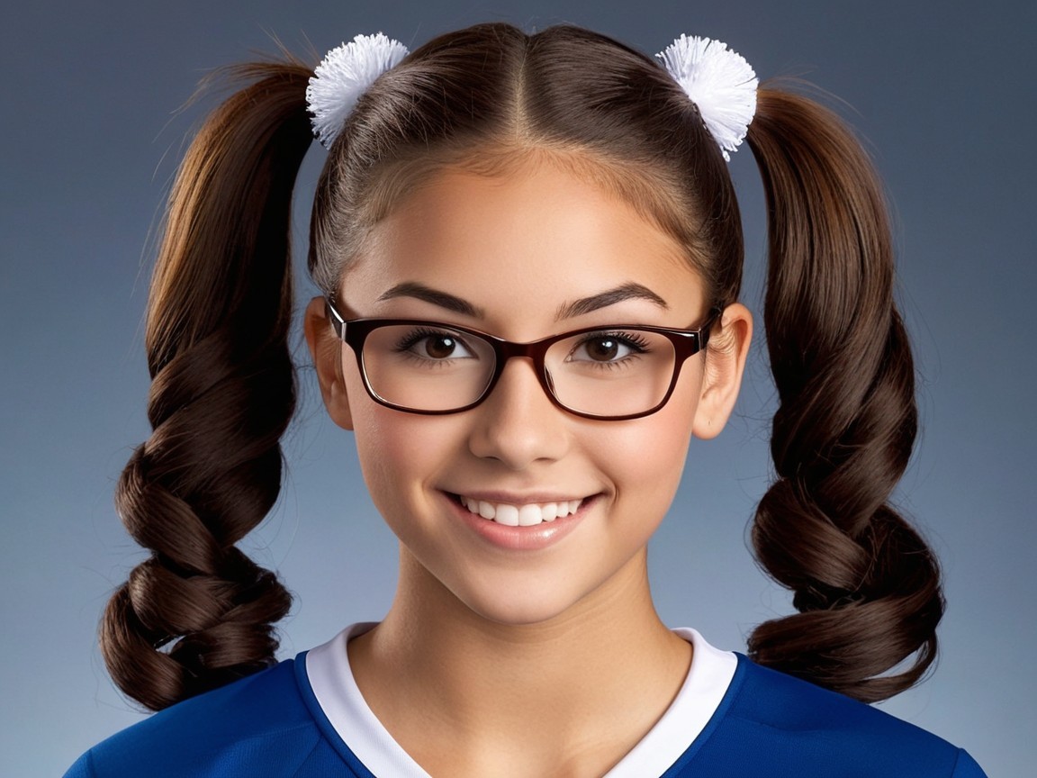 Cheerful young girl in blue jersey with pigtails