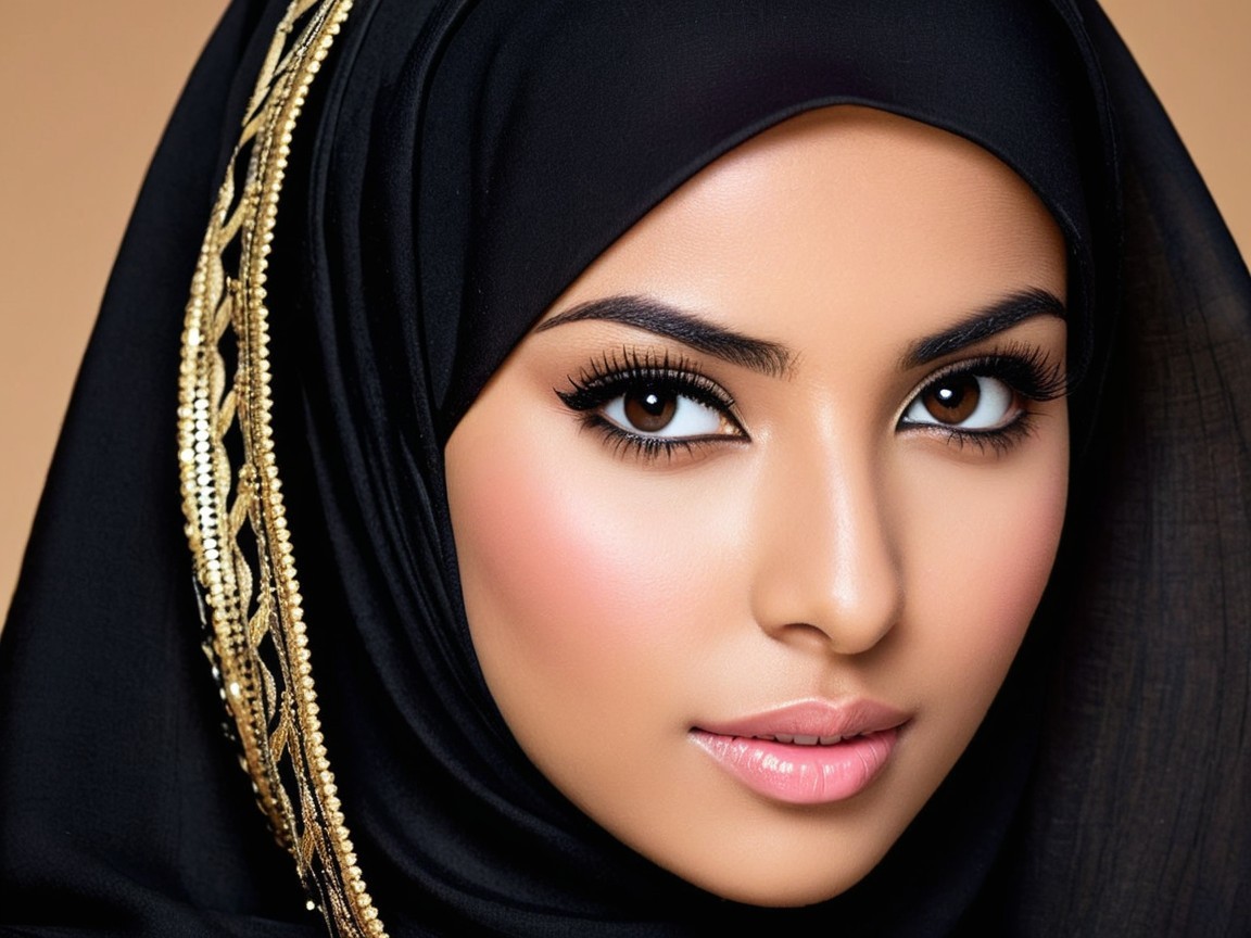 Close-up Portrait of Woman in Black Hijab with Gold Detail