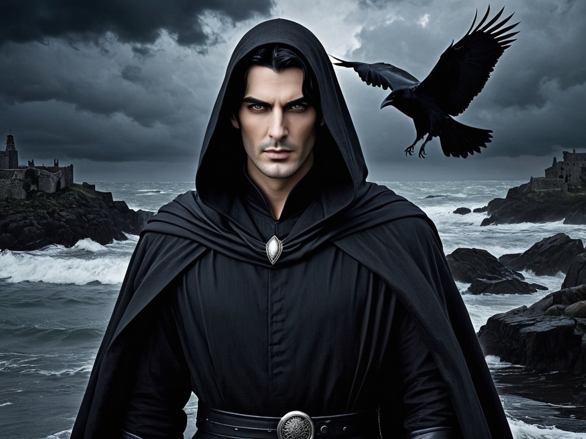 Mysterious Figure in Cloak Against Stormy Seascape