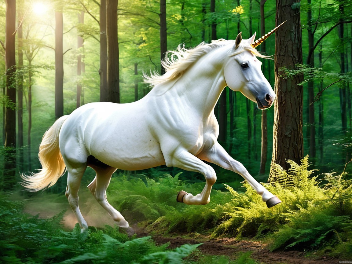 Majestic white unicorn in a vibrant green forest