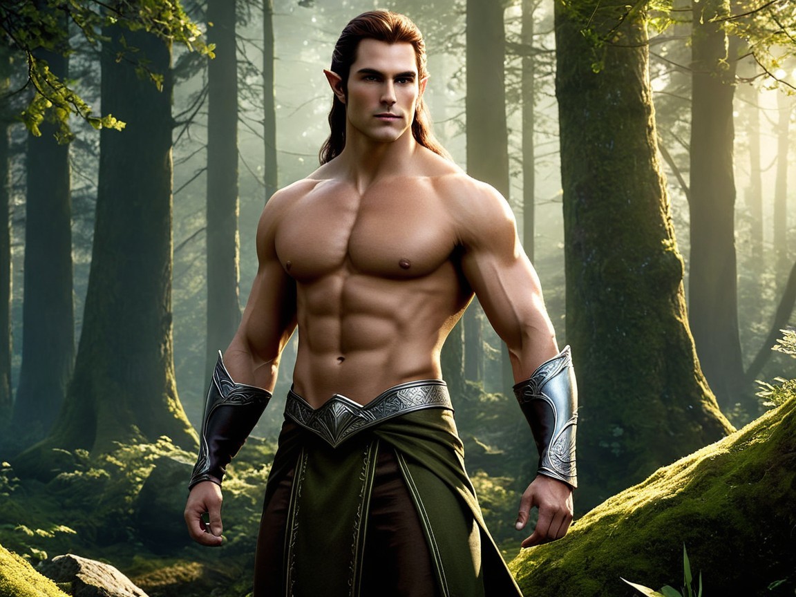 Muscular Elf in Enchanted Forest with Ancient Trees