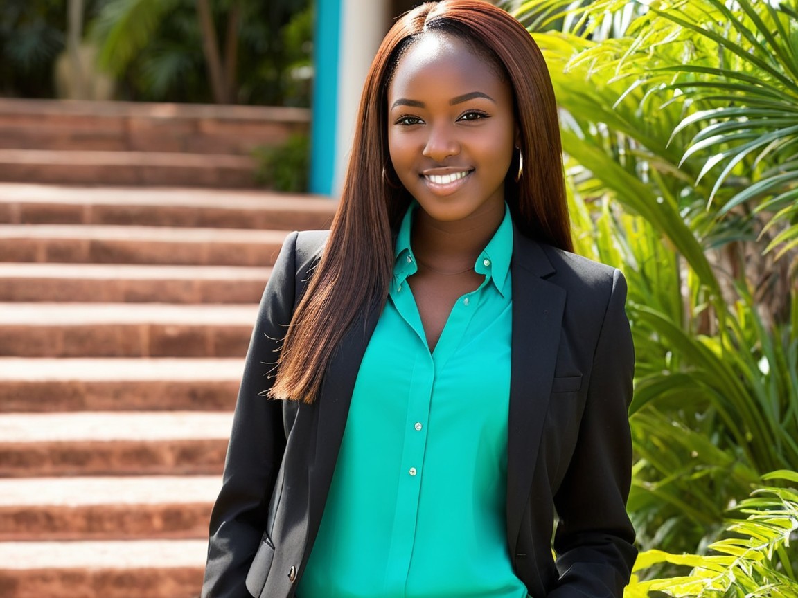 Confident Young Woman in Teal Blouse and Black Blazer