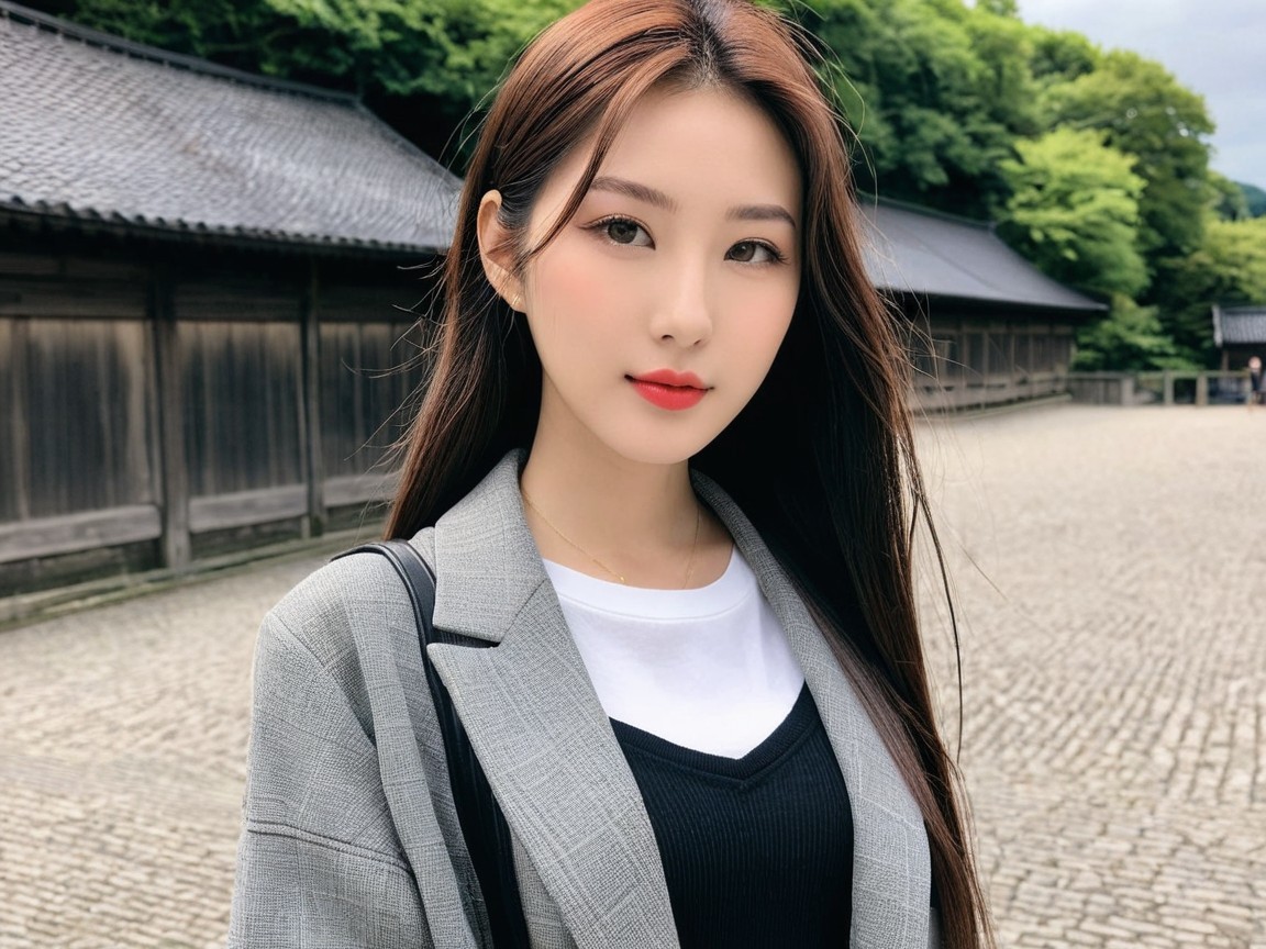 Young Woman in Stylish Outfit Amidst Traditional Architecture