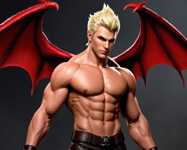 Muscular Humanoid Character with Red Wings and Abs