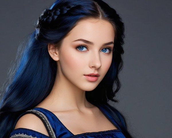 Young woman with blue hair and elegant dark outfit