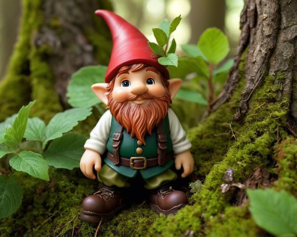 Cheerful gnome figure in a lush forest setting
