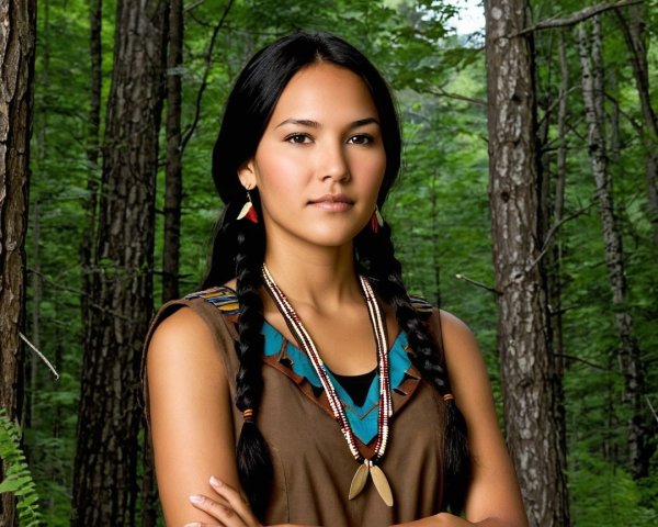 Young Woman in Traditional Attire in Lush Forest