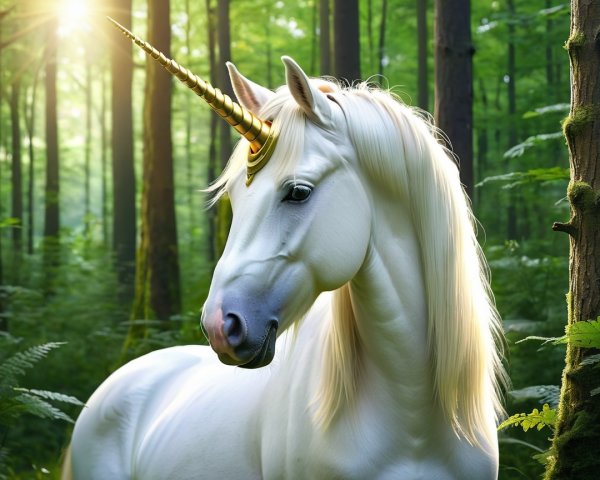 Unicorn in a Lush Green Forest with Golden Light