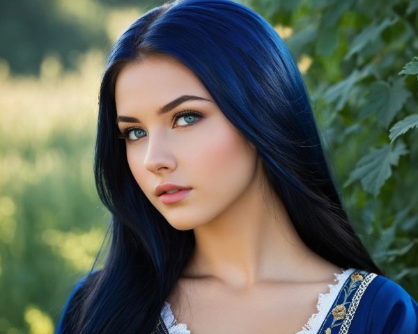 Young Woman with Blue Hair in Nature's Serenity