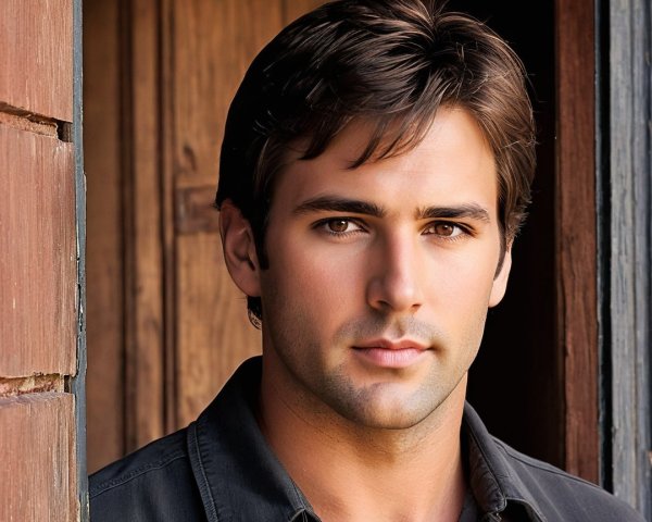 Young man in doorway with confident gaze and rustic background