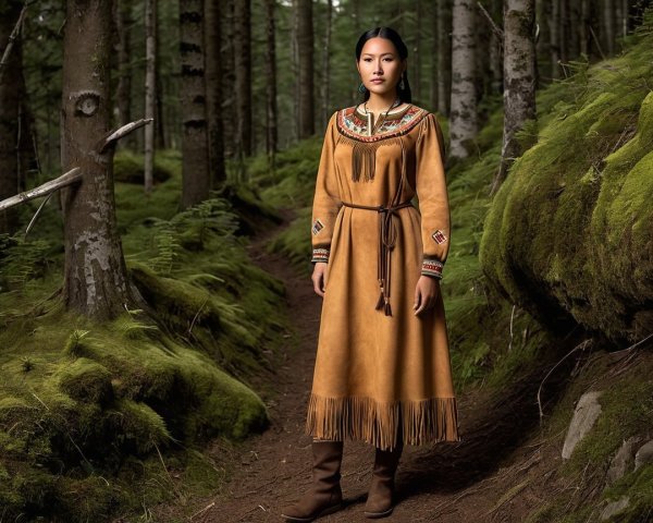 Young Woman in Traditional Dress in Green Forest
