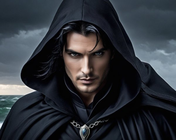 Mysterious Figure in Dark Cloak by Stormy Seascape