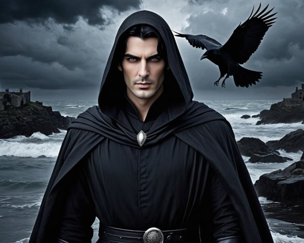 Mysterious Figure in Cloak Against Stormy Seascape