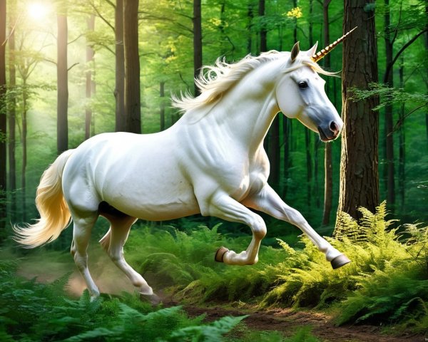 Majestic white unicorn in a vibrant green forest