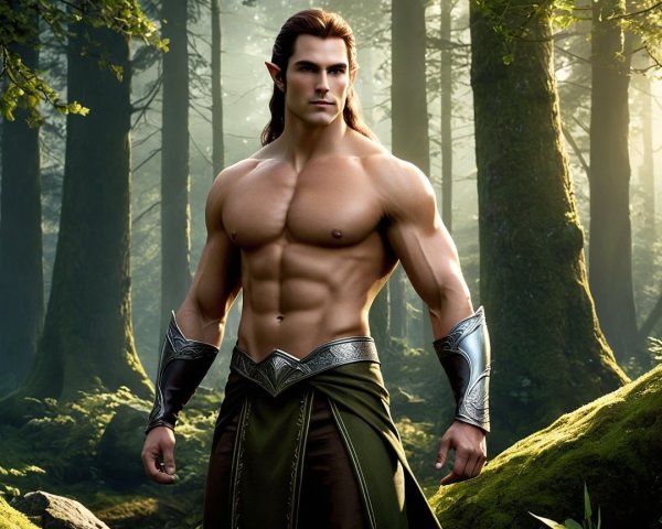 Muscular Elf in Enchanted Forest with Ancient Trees