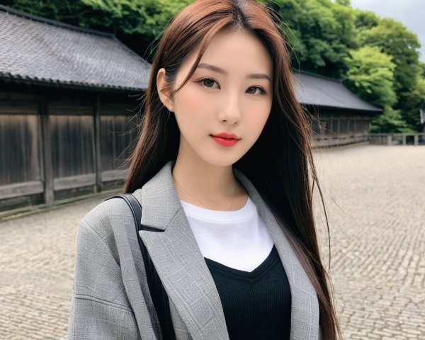 Young Woman in Stylish Outfit Amidst Traditional Architecture