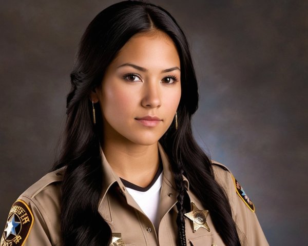 Confident Young Woman in Sheriff Uniform with Badge