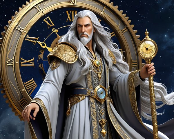 Majestic Figure Before Intricate Celestial Clock Face