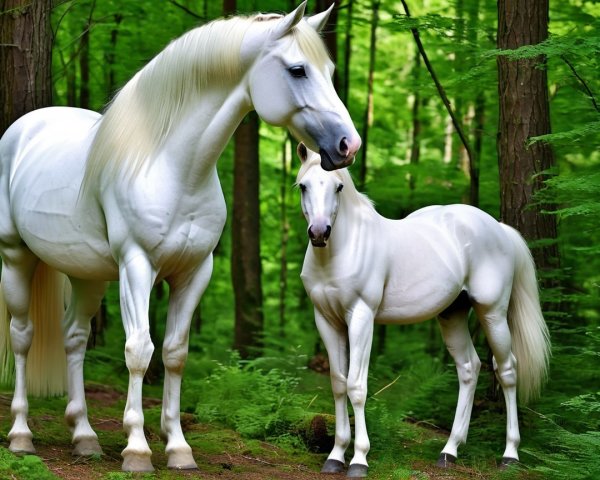 White Horses in a Lush Green Forest Setting