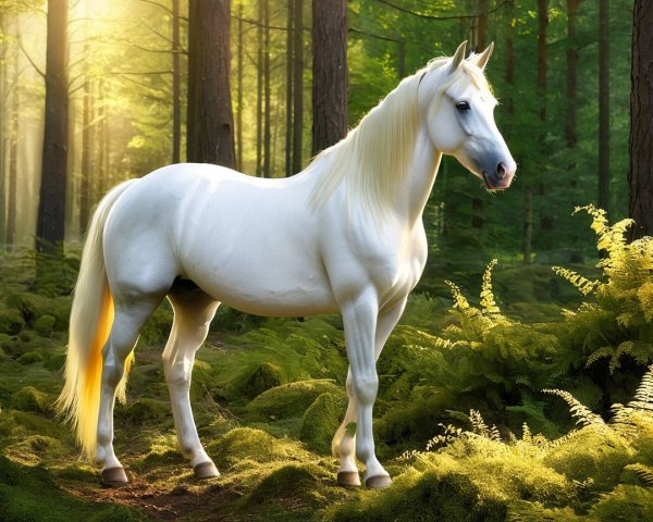 Majestic White Horse in Serene Forest Setting