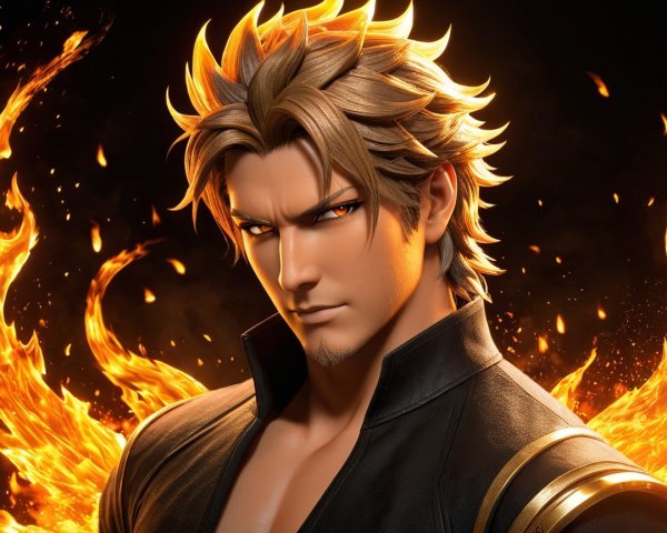 Muscular Male Character Surrounded by Swirling Flames