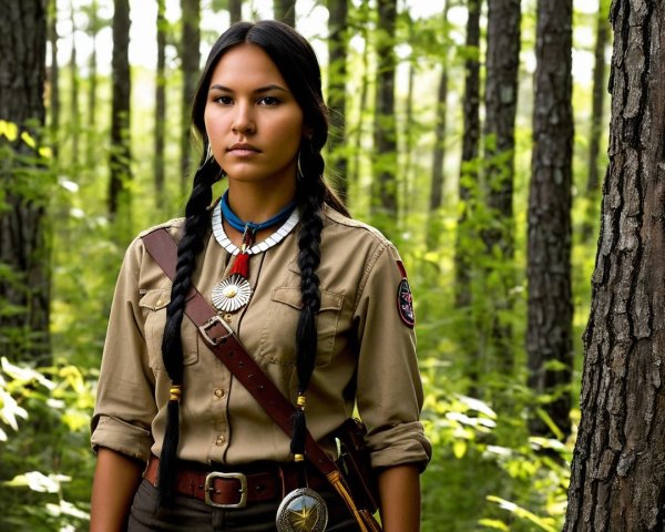 Young Woman in Forest with Tribal Jewelry and Braids