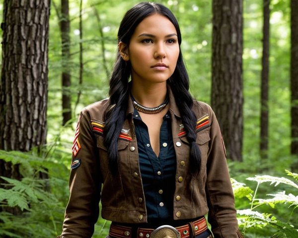 Young Woman in Stylish Jacket in Forest Setting