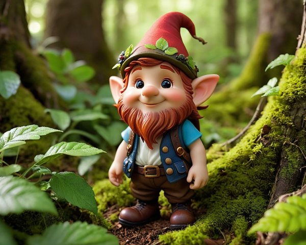Charming Forest Gnome in Lush Greenery and Trees